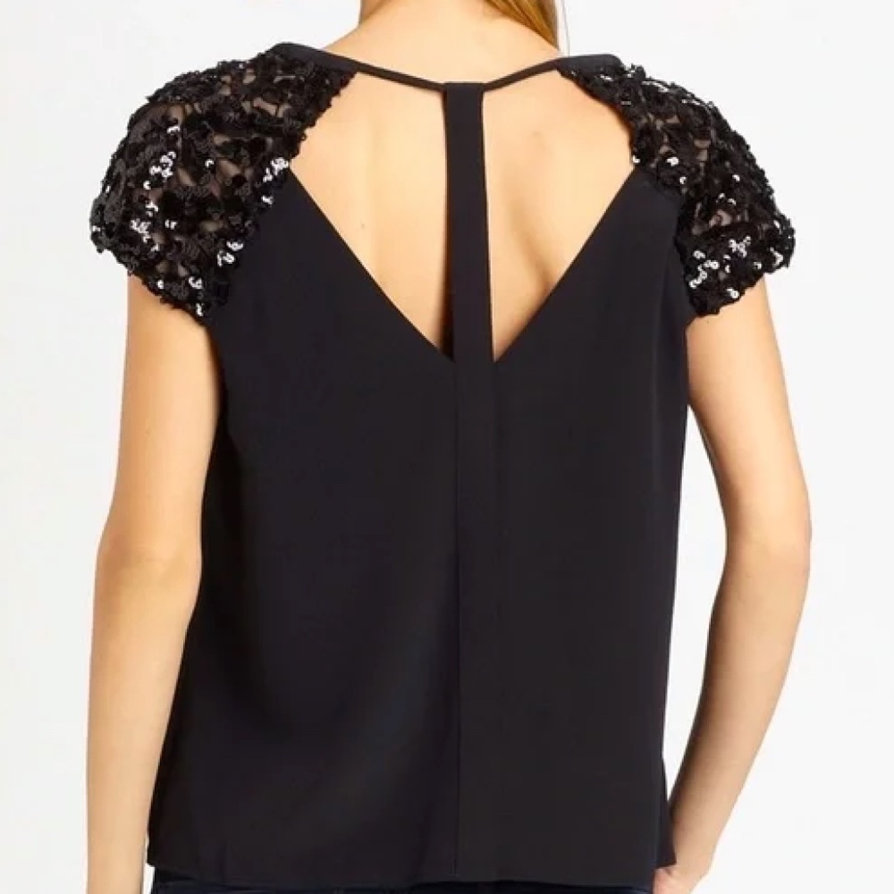 BCBGMaxAzria Sierra Strappy Keyhole Sequin Cap-Sleeve Blouse